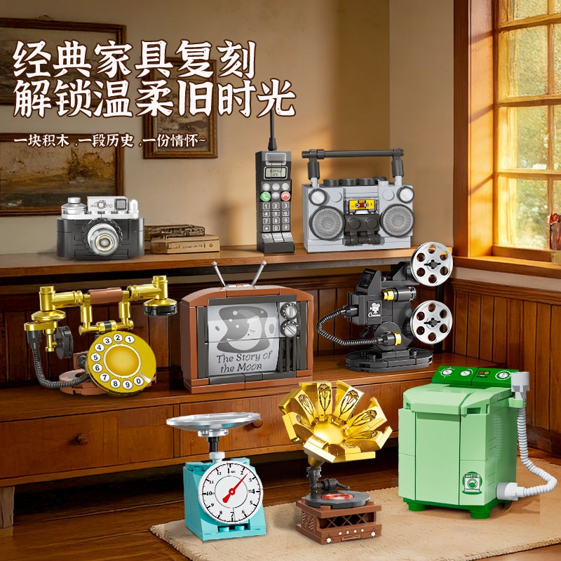 Orange Building Blocks Children's Educational Retro Sewing Machine Clock Model Assembly Toy Boy's Ornament Gift - Image 3