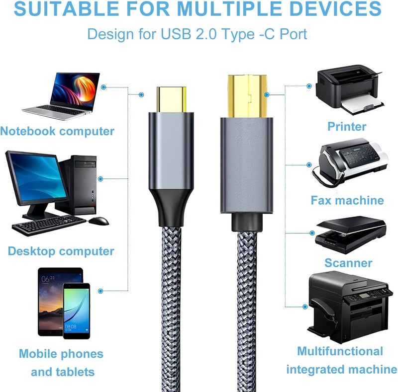 كاست ويف كابل طابعة من النوع C إلى USB 2.0 مقاس 2 متر مضفر من النايلون، متوافق مع طابعات كانون وإبسون وإتش بي ولوكسمارك والطباعة من الكمبيوتر المحمول والهاتف المحمول وأجهزة USB من النوع A/B الأخرى، كابل توصيل بيانات MIDI، سلك الطابعة والماسح الضوئي. - Image 4