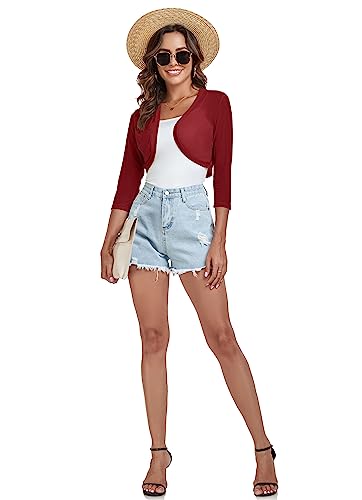 Tandisk Women's 3/4 Sleeve Shrug Open Front Cardigan Bolero Jacket WineRed XL - Image 5