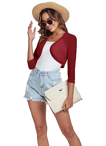 Tandisk Women's 3/4 Sleeve Shrug Open Front Cardigan Bolero Jacket WineRed XL - Image 4