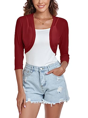 Tandisk Women's 3/4 Sleeve Shrug Open Front Cardigan Bolero Jacket WineRed XL - Image 1