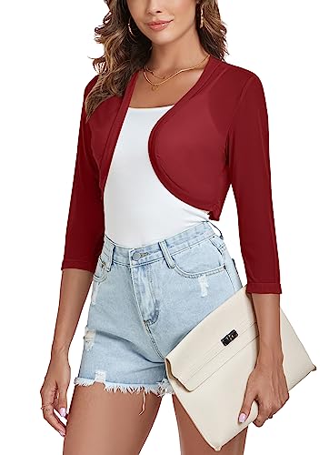 Tandisk Women's 3/4 Sleeve Shrug Open Front Cardigan Bolero Jacket WineRed XL - Image 2