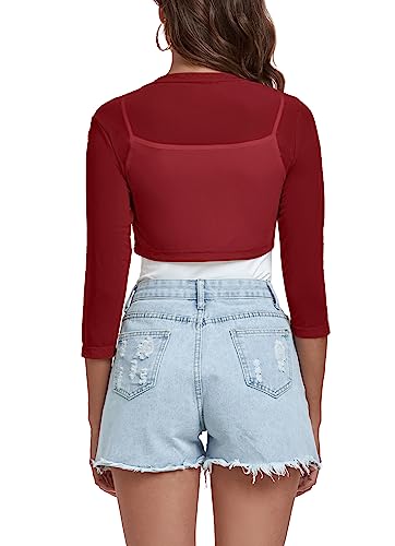 Tandisk Women's 3/4 Sleeve Shrug Open Front Cardigan Bolero Jacket WineRed XL - Image 3