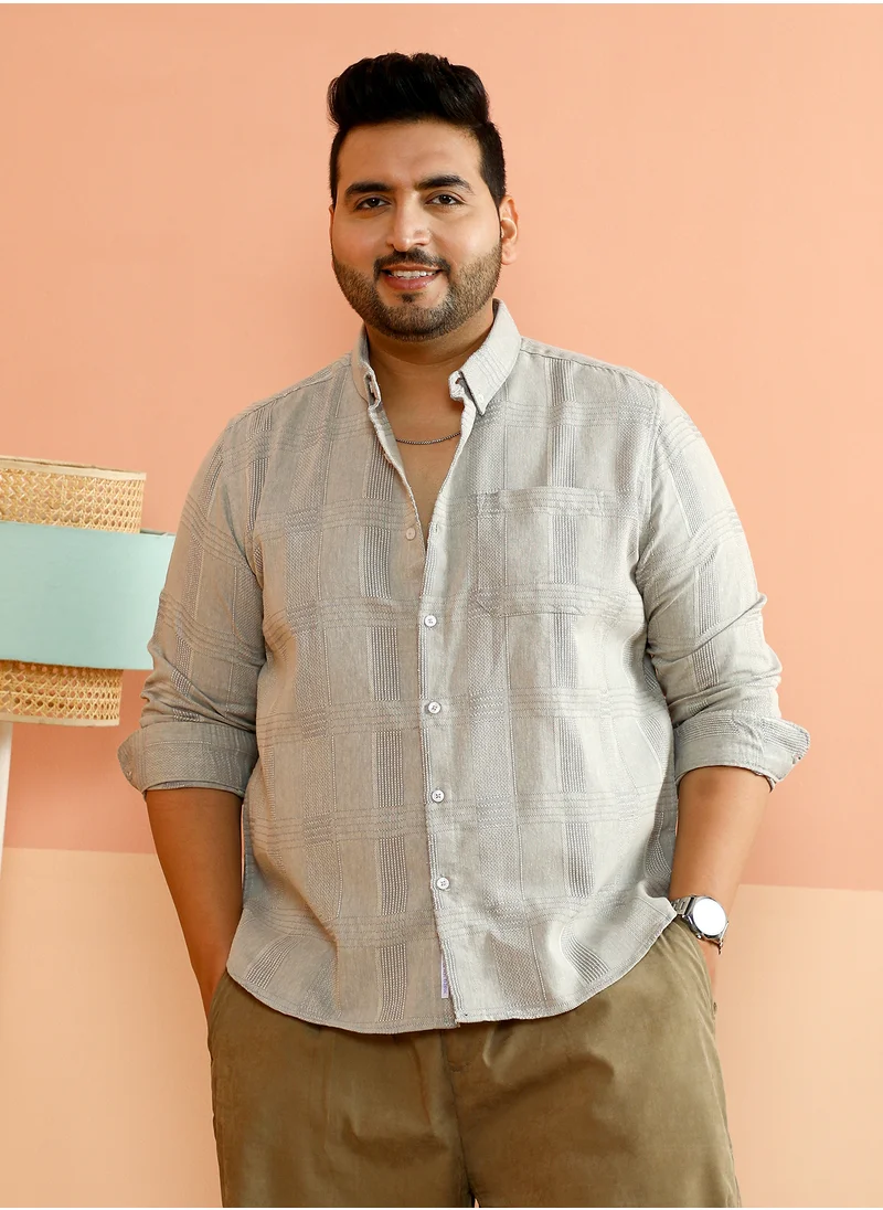 انستافاب بلس Instafab Plus Men's Coin Grey Self-Check Woven Regular Shirt For Casual Wear | Spread Collar | Long Cuffed Sleeves | Button Closure | Plus Size Shirt Crafted With Comfort Fit For Everyday Wear