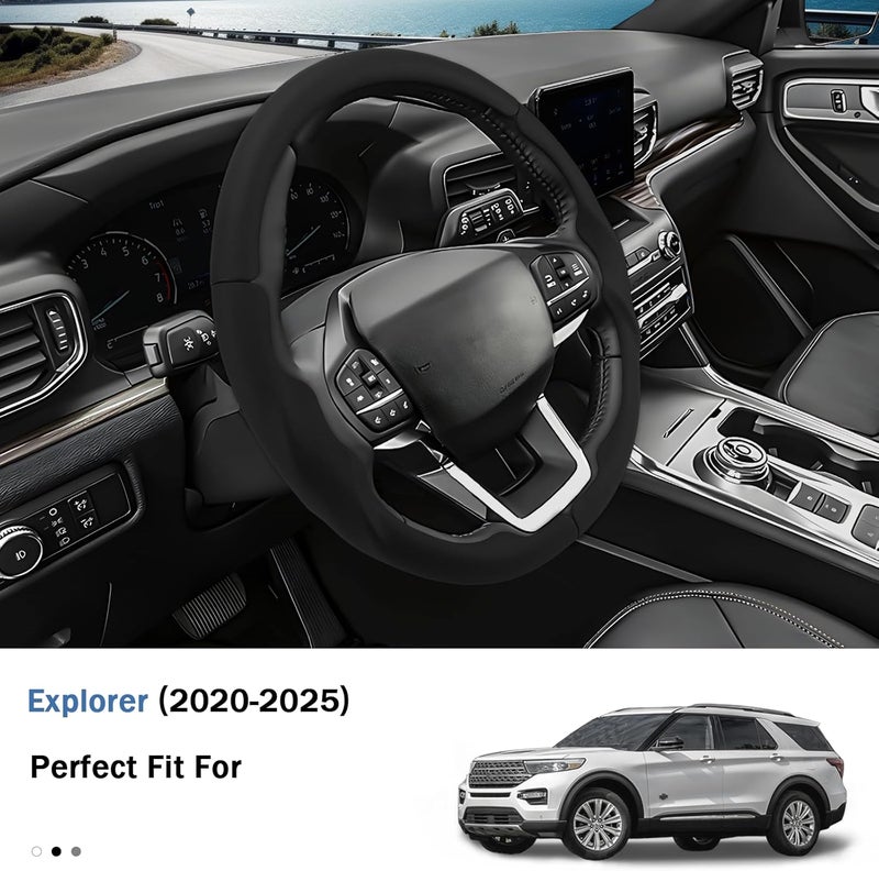 Aotoyou غطاء عجلة القيادة لسيارات Ford Explorer 2020-2025، مزود بحماية إضافية (جلد أسود) - Image 3