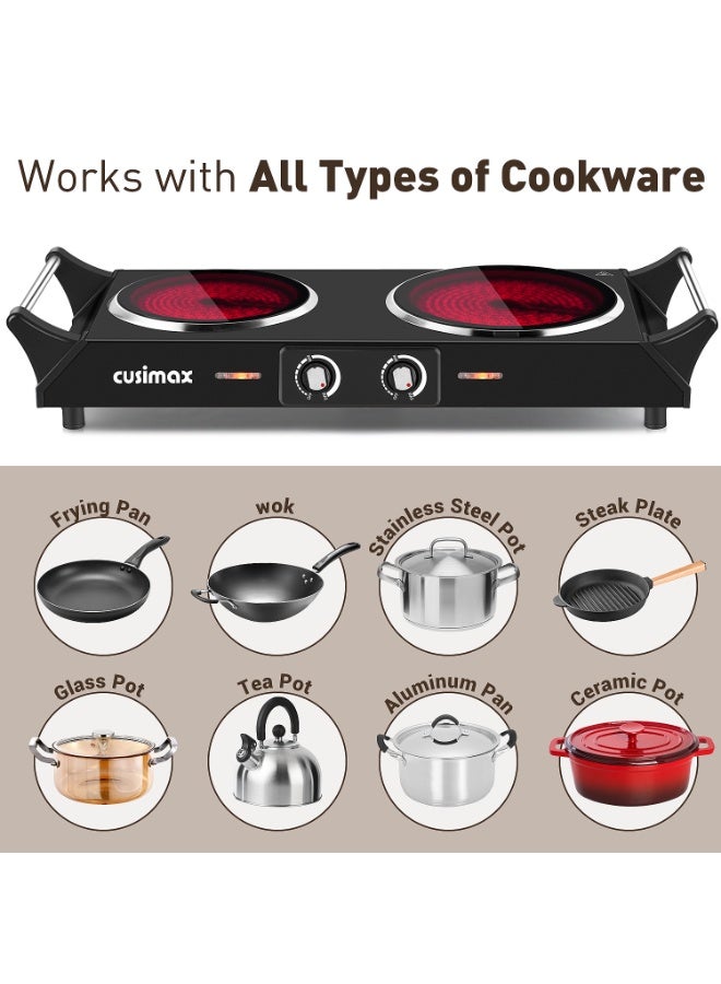كوسيماكس لوحة ساخنة مزدوجة كهربائية ، 1200W + 900W لوحة التدفئة السيراميكية تحت الحمراء مع مقابض مضادة للتحرير المحمولة ، التحكم في درجة الحرارة المزدوجة ، متوافقة مع جميع أدوات الطبخ - Image 3