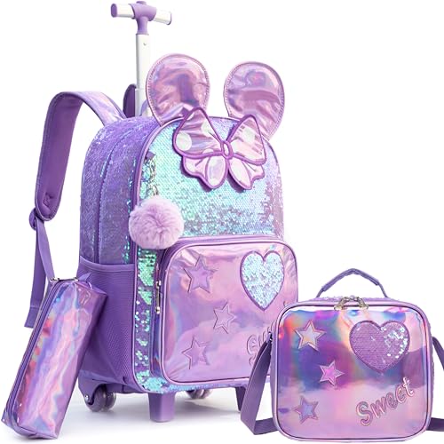 Meetbelify Rolling Backpack for Girls Backpacks with Wheels for Elementary School Students Kids 3 in 1 Travel Luggage Suitcase with Lunch Box Pencil Case for Girls Age 8-10 Cute - Image 1