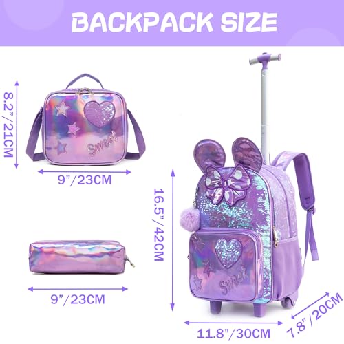 Meetbelify Rolling Backpack for Girls Backpacks with Wheels for Elementary School Students Kids 3 in 1 Travel Luggage Suitcase with Lunch Box Pencil Case for Girls Age 8-10 Cute - Image 2