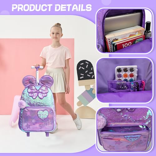 Meetbelify Rolling Backpack for Girls Backpacks with Wheels for Elementary School Students Kids 3 in 1 Travel Luggage Suitcase with Lunch Box Pencil Case for Girls Age 8-10 Cute - Image 3