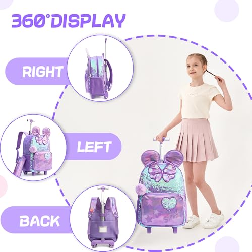 Meetbelify Rolling Backpack for Girls Backpacks with Wheels for Elementary School Students Kids 3 in 1 Travel Luggage Suitcase with Lunch Box Pencil Case for Girls Age 8-10 Cute - Image 4