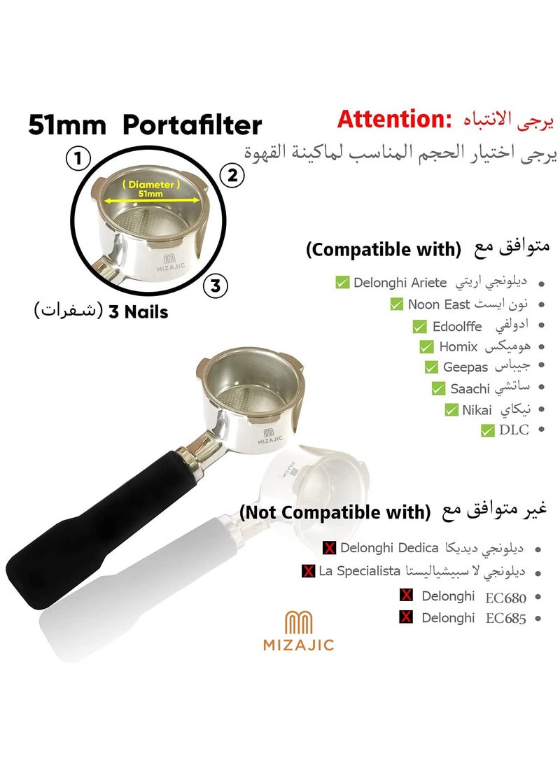 MIZAJIC - 51mm Bottomless Portafilter for Homix Edoolffe, Saachi, Ariete Coffee Machines with Stainless Steel Replacement Filter Basket and ABS Handle - Image 1