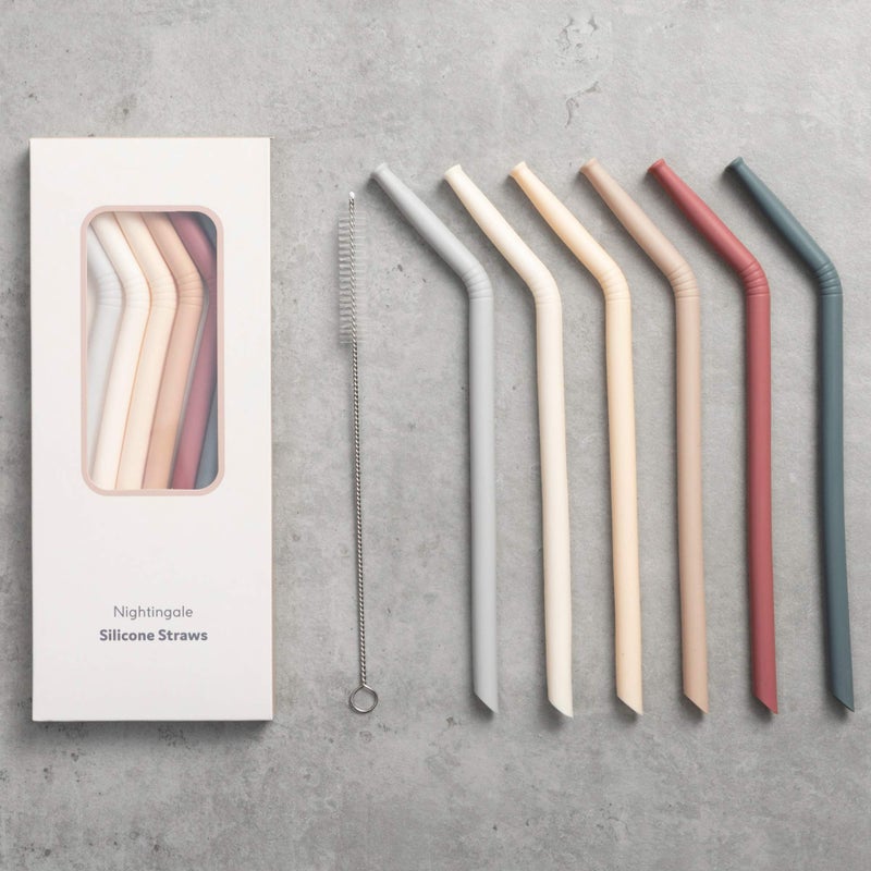 Nightingale Reusable Silicone Straws  Bendy Drinking Straw with Cleaning Brush  Collapsible and Bendable Travel Straw for Kids  Dishwasher Safe FoodSafe  Set of 6 Oak Multi
