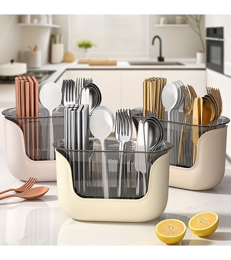 1pc Pink No Drill Multifunctional ABS Kitchen Utensil Organizer With Drainage Space Saving Countertop Storage For Chopsticks Forks Spoons Knives And More Sleek Modern Design Easy Clean - Image 1