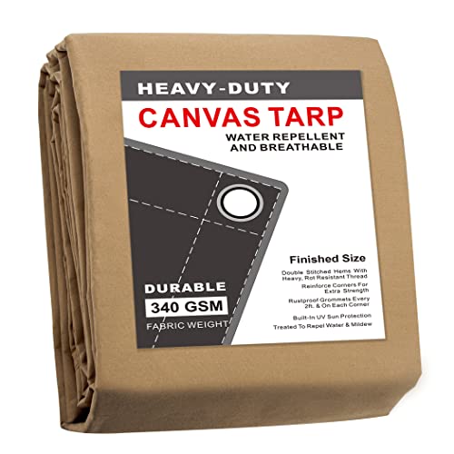 CARTMAN Finished Size 5x7 Feet Tan Canvas Tarp with Rustproof Grommets, 12 Oz Heavy Duty Multipurpose Tarpaulin Cover for Canopy Tent, Roof, Camping, Woodpile - Image 1