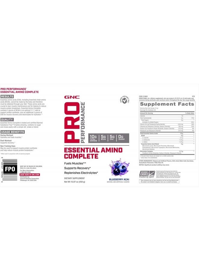 GNC برو أداء أساسي أحماض أمينية كاملة، توت أساي، 15.87 أونصة، يدعم استعادة العضلات