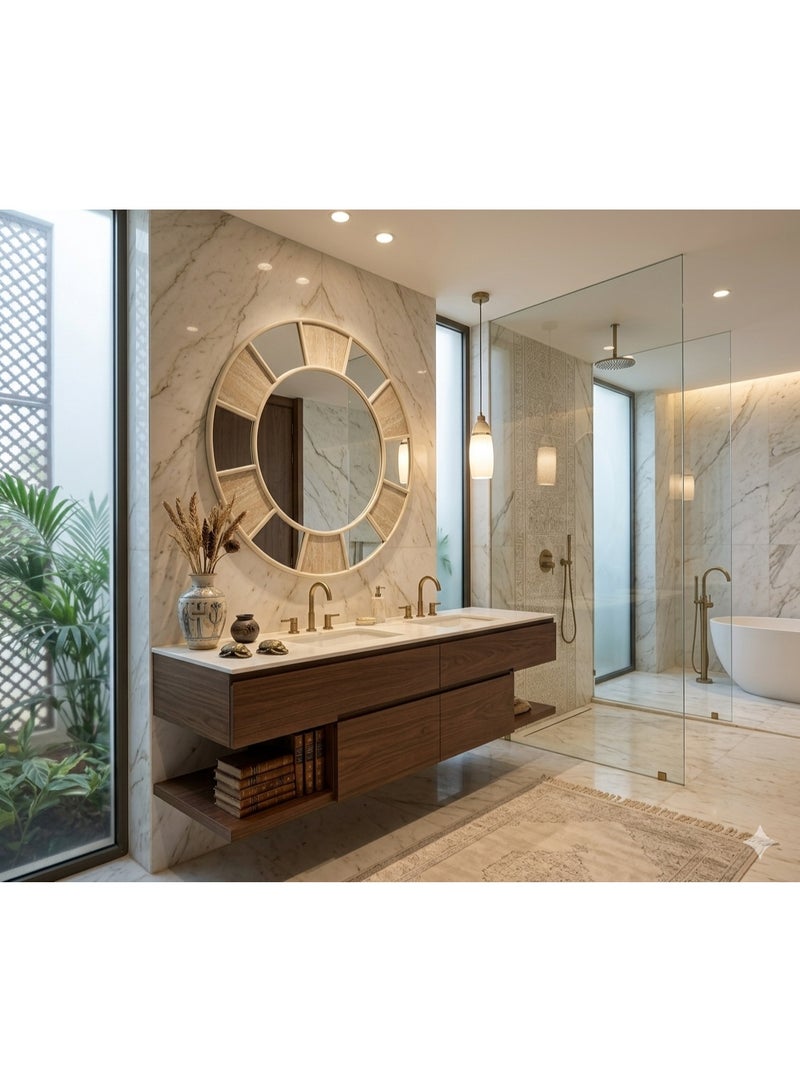 مرآة جدارية دائرية مودرن بإطار هندسي - مقاس 90×90 سم (لون بيج حجري) - Image 1