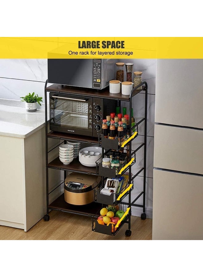 Zexen Kitchen Cart Kitchen Rack Multi-layer Storage Stand with Slide-Out Mesh Baskets Wheel Trolley Household Multi-function Vintage Utility Shelf for Spices Pots Microwave (3-TIER) - Image 2