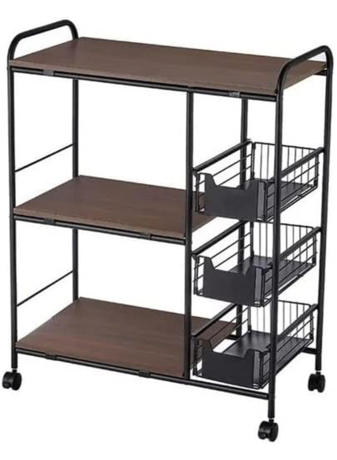 Zexen Kitchen Cart Kitchen Rack Multi-layer Storage Stand with Slide-Out Mesh Baskets Wheel Trolley Household Multi-function Vintage Utility Shelf for Spices Pots Microwave (3-TIER) - Image 1