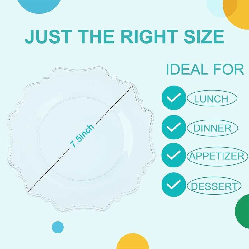 COLOSUS 100pcs 7.5 Inch Clear Plastic Dessert Plates-Heavy Duty Disposable Plastic Cake Plates,Premium Salad Plate,Fancy Disposable Cake Plate for Party for Party Thanksgiving and Everyday Use - Image 4
