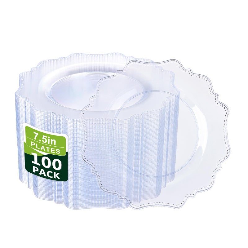 COLOSUS 100pcs 7.5 Inch Clear Plastic Dessert Plates-Heavy Duty Disposable Plastic Cake Plates,Premium Salad Plate,Fancy Disposable Cake Plate for Party for Party Thanksgiving and Everyday Use - Image 1