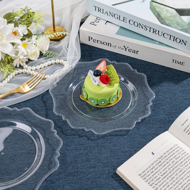 COLOSUS 100pcs 7.5 Inch Clear Plastic Dessert Plates-Heavy Duty Disposable Plastic Cake Plates,Premium Salad Plate,Fancy Disposable Cake Plate for Party for Party Thanksgiving and Everyday Use - Image 2