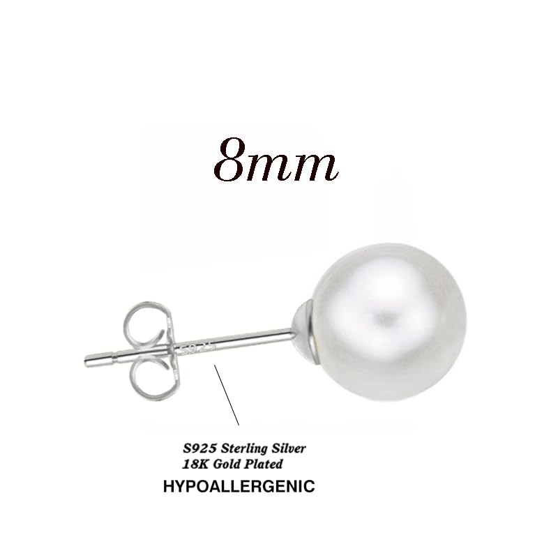EFTKOY 18K Gold Plated Sterling Silver Round Stud White Simulated Shell Pearl Earrings for Women - 8mm - Image 2