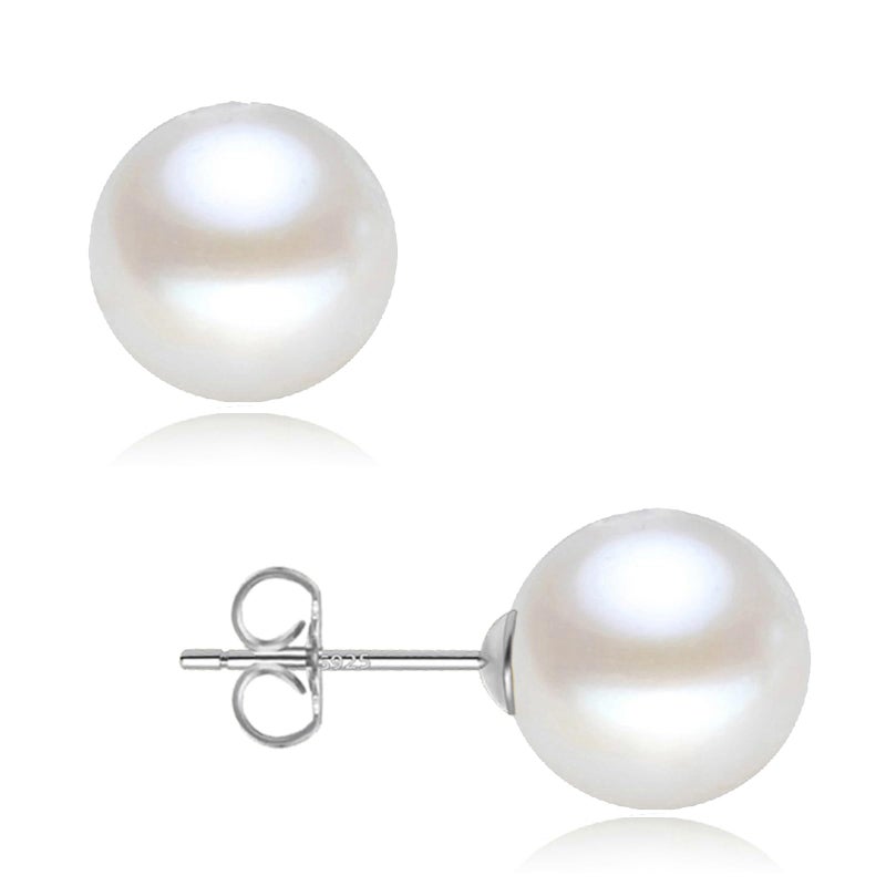EFTKOY 18K Gold Plated Sterling Silver Round Stud White Simulated Shell Pearl Earrings for Women - 8mm - Image 1