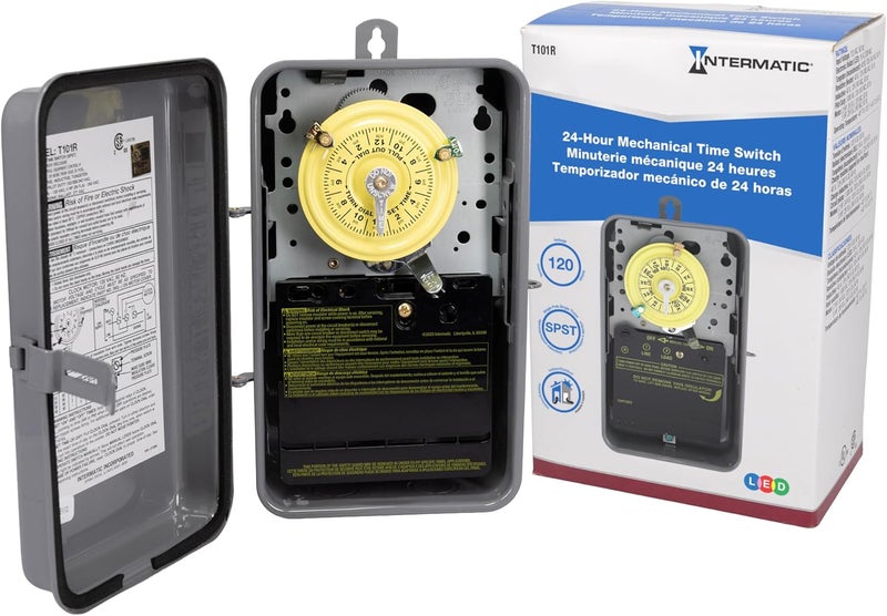 T101R 24-Hour Mechanical Timer Switch - 120V SPST, Type 3R Indoor/Outdoor Metal Enclosure, Heavy Duty, Manual Override, 40 Amp - Ideal for Lights, Pumps, Fans, and HVAC Systems