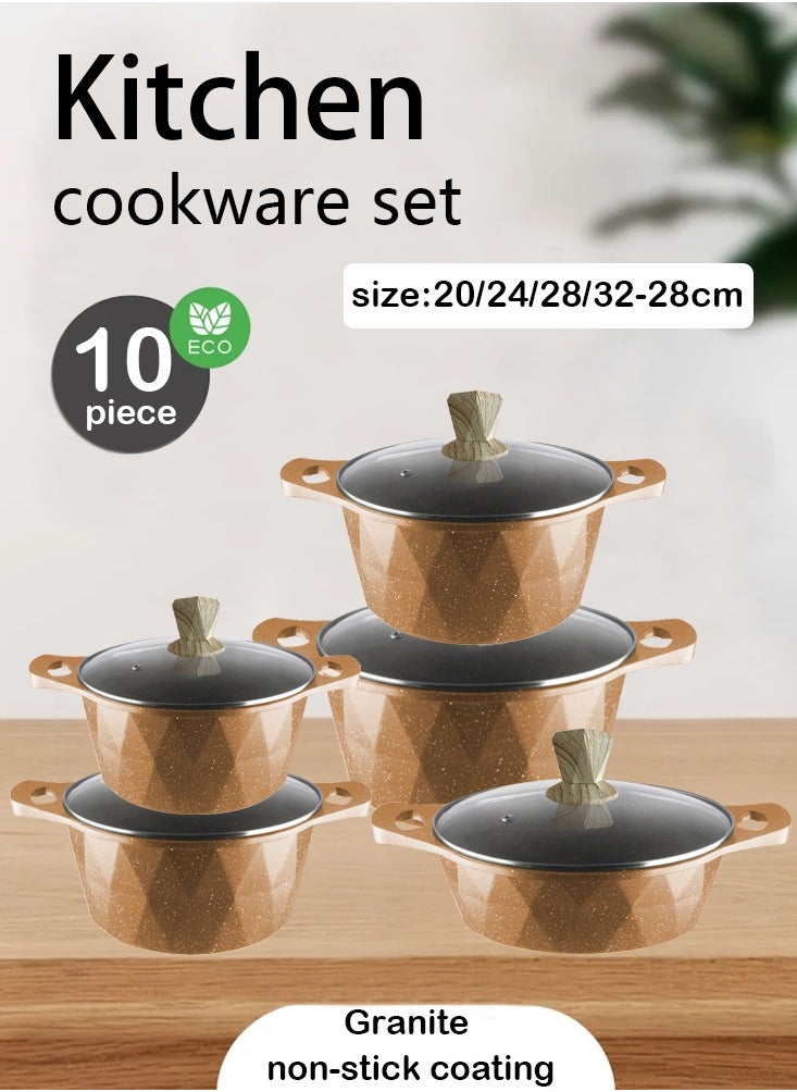 X spring 10-Piece Kitchen Cookware set, Casserole Set And Frying Pan With Non Stick Cookware sets ,Finish Glass lid PFOA-Free  20-24-28-32 cm (Deep Stockpot) + 28 cm (deep Frying Pan)（Brown）  - Image 1