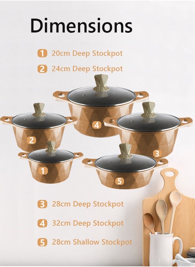 X spring 10-Piece Kitchen Cookware set, Casserole Set And Frying Pan With Non Stick Cookware sets ,Finish Glass lid PFOA-Free  20-24-28-32 cm (Deep Stockpot) + 28 cm (deep Frying Pan)（Brown）  - Image 3