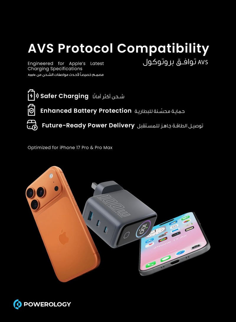 Powerology 100W USB C GaN Charger with Smart TFT Display - Compact 100W Foldable Wall Charger With 2C&1A for Smartphones, Tablets, and AirPods - Compatible with iPhone Air, iPhone 17, 16, 15, 14, 13, 12 All Versions, iPad Pro / Air, MacBook Air, Samsung Galaxy S25 / S24 / S23 - Image 3
