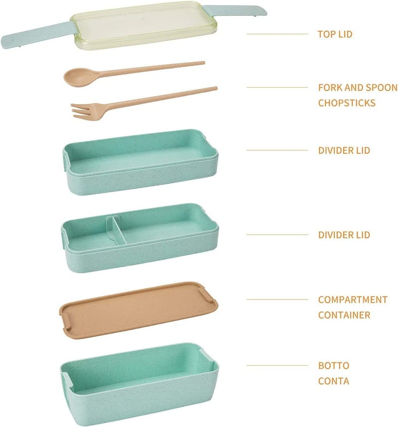 Rarapop Beige Stackable Bento Lunch Box Kit, 3-In-1 Compartment Wheat Straw Lunch Containers with Tableware, Reusable On-the-Go Meal and Snack Containers - Image 2