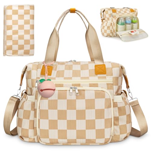 KUBYA Diaper Bag Tote, Diaper Tote Bag Travel Hospital Mommy Baby Nappy Tote Bag for Women, Corduroy Stylish Cute Gym Tote Bag for Women, with Silicone Pacifier Case & Changing Pad - Image 1