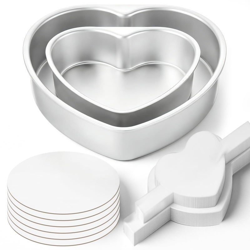 Mifoci 2 Pcs Valentine 6/8 Inch Heart Shaped Cake Pans with 60 Parchment Paper and 6 Pcs 8'' Cake Boards, Valentine's Day Aluminum Cakepans Set for Kitchen Birthday Wedding Favor - Image 1
