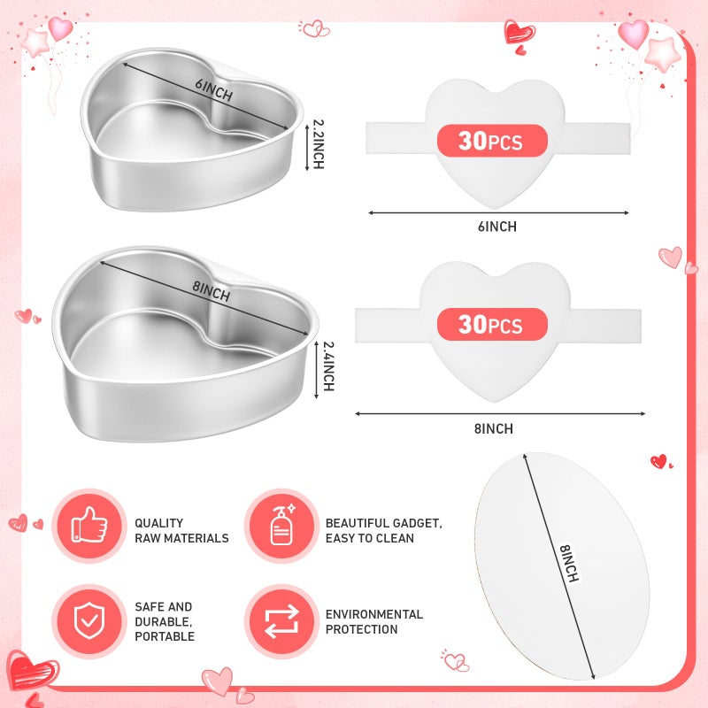 Mifoci 2 Pcs Valentine 6/8 Inch Heart Shaped Cake Pans with 60 Parchment Paper and 6 Pcs 8'' Cake Boards, Valentine's Day Aluminum Cakepans Set for Kitchen Birthday Wedding Favor - Image 3