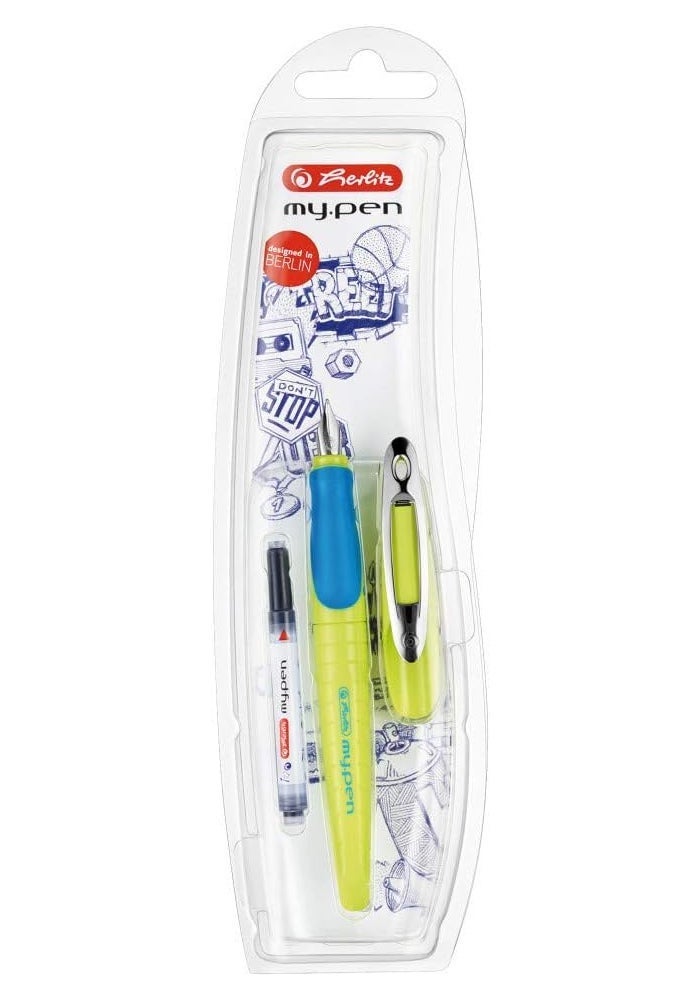 Herlitz my.pen M-Nib Fountain Pen Set - Lemon/Blue, Ergonomic Design for Right-Handed Users - Image 1