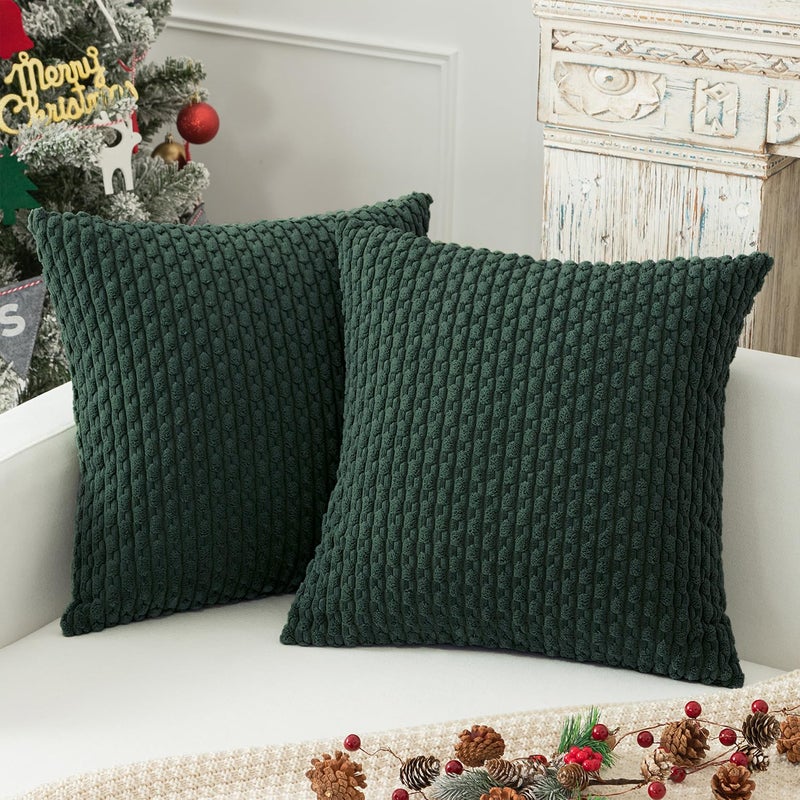 K KEVIN TEXTILE Kevin Textile Christmas Decorative Pillow Covers Set of 2 Striped Plush Corduroy Pillows Pillowcases Boho Home Decor Cushion Covers for Couch Sofa Bed Living Room 18x18 Inch Army Green - Image 2