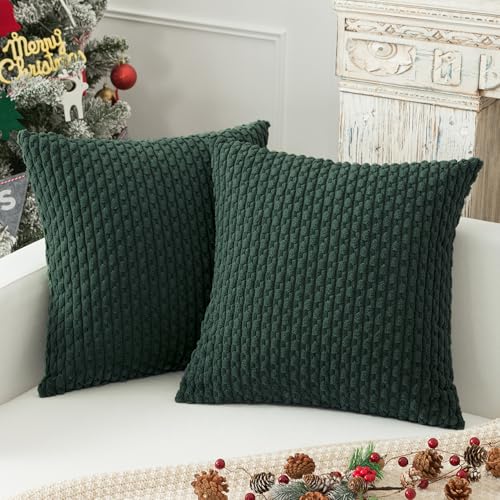 K KEVIN TEXTILE Kevin Textile Christmas Decorative Pillow Covers Set of 2 Striped Plush Corduroy Pillows Pillowcases Boho Home Decor Cushion Covers for Couch Sofa Bed Living Room 18x18 Inch Army Green - Image 1
