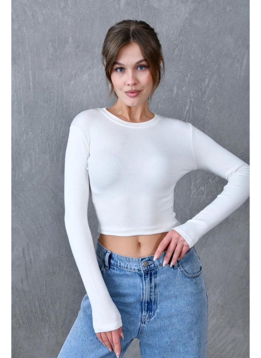 Tena Women's Ecru Long Sleeve Crew Neck Basic Blouse  - Image 1