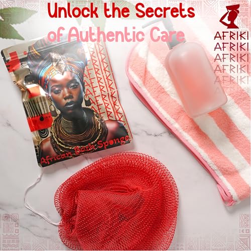 AFRIKI African Net Sponge, Premium Authentic Exfoliating Body Scrubber, Extra Long Stretch Bath Sponge for Shower, Deep Exfoliating Washcloth for Smooth Skin, 1 Pack (Red) - Image 4