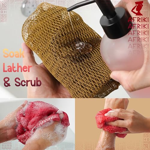 AFRIKI African Net Sponge, Premium Authentic Exfoliating Body Scrubber, Extra Long Stretch Bath Sponge for Shower, Deep Exfoliating Washcloth for Smooth Skin, 1 Pack (Red) - Image 5
