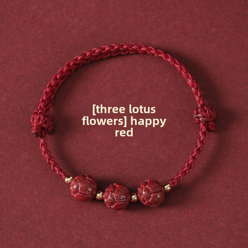 Exam Success Red String Jade Bracelet for Women Joy Red-Three Cinnabar Lotus 
