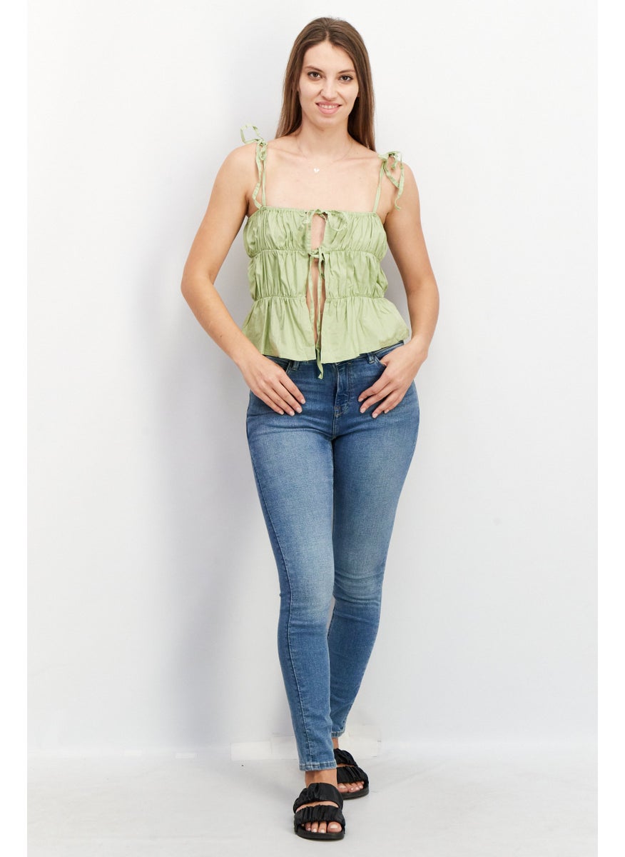 Another Reason - Women Square Neck Sleeveless Ruched Top, Green - Image 1