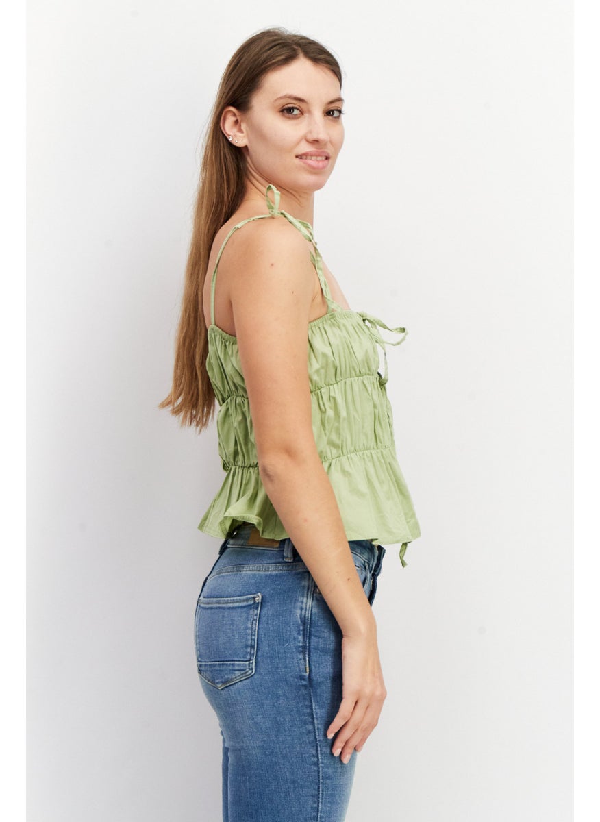 Another Reason - Women Square Neck Sleeveless Ruched Top, Green - Image 1