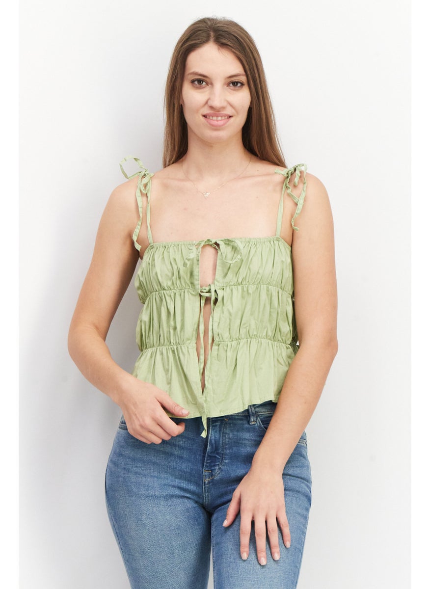 Another Reason - Women Square Neck Sleeveless Ruched Top, Green - Image 1