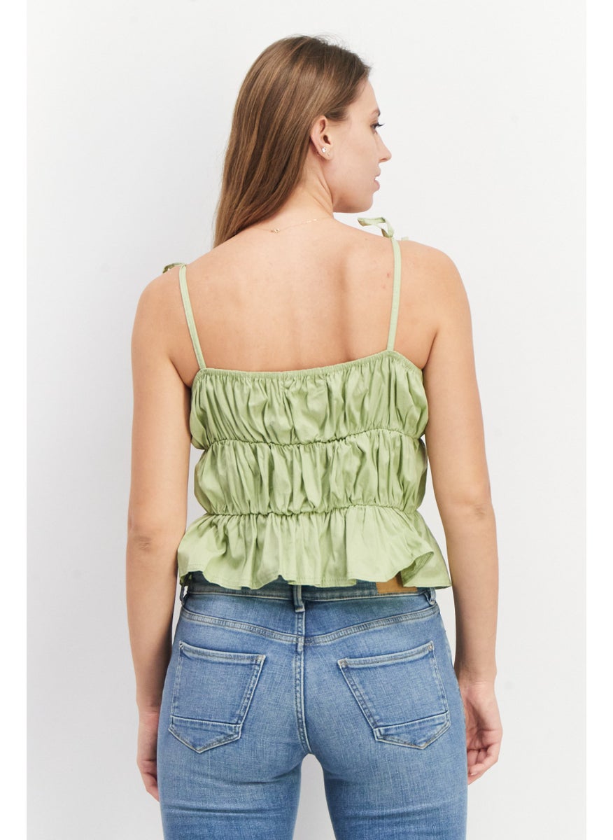 Another Reason - Women Square Neck Sleeveless Ruched Top, Green - Image 1