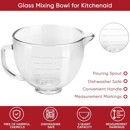 Kltchonald Tilt-Head Stand Mixer Glass Bowl, 5 QT,Compatible with Kitchenaid Artisan&Classic Series,Glass Bowl with Lid,Mixer Bowl Cover to Prevent Spilling of Ingredients,Contemporary with Grey Lid - Image 3