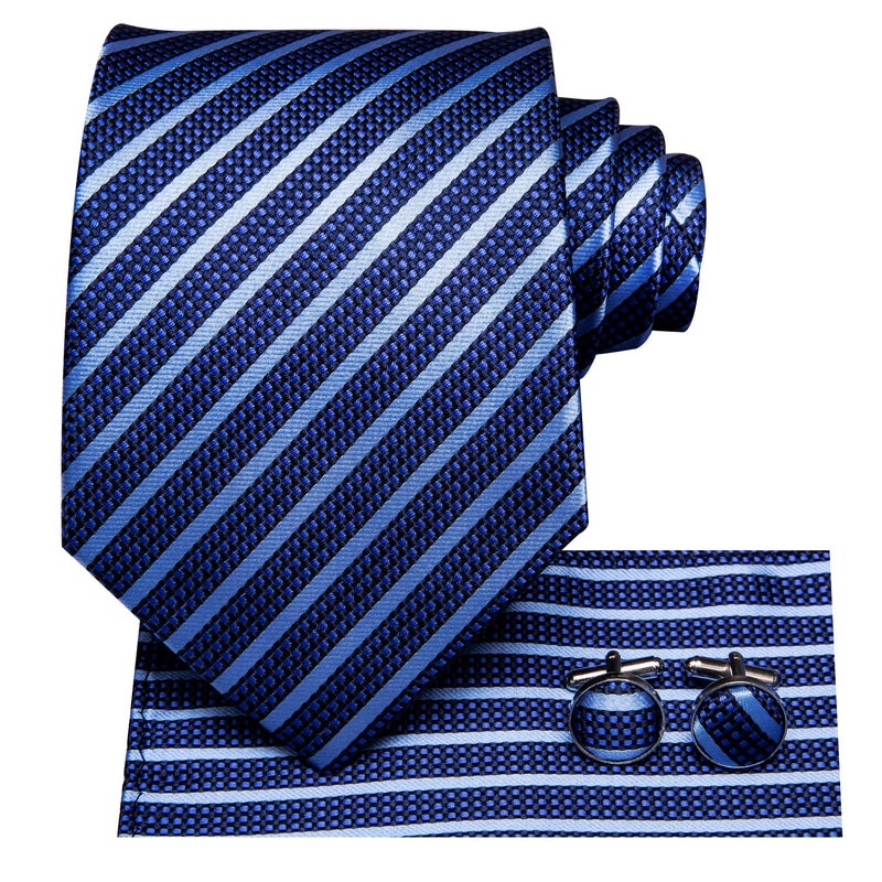 Hi-Tie مجموعة ربطات عنق للرجال من هاي تاي، حرير، مخطط، بايزل، ربط عنق، منديل جيب، أزرار أكمام للأعمال والزفاف، أزرق - Image 2
