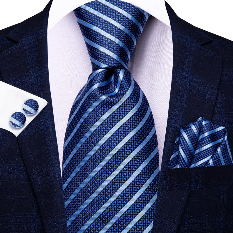 Hi-Tie مجموعة ربطات عنق للرجال من هاي تاي، حرير، مخطط، بايزل، ربط عنق، منديل جيب، أزرار أكمام للأعمال والزفاف، أزرق - Image 3