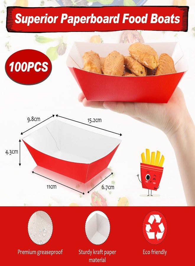 Yinkin 100 Pcs Paper Food Trays Boat Christmas 2lb Disposable Nacho Trays Kraft Paper Boat for Tacos Concession French Fries Snack Hot Dog BBQ Popcorn Wedding Christmas Party Supplies(Red) - Image 2